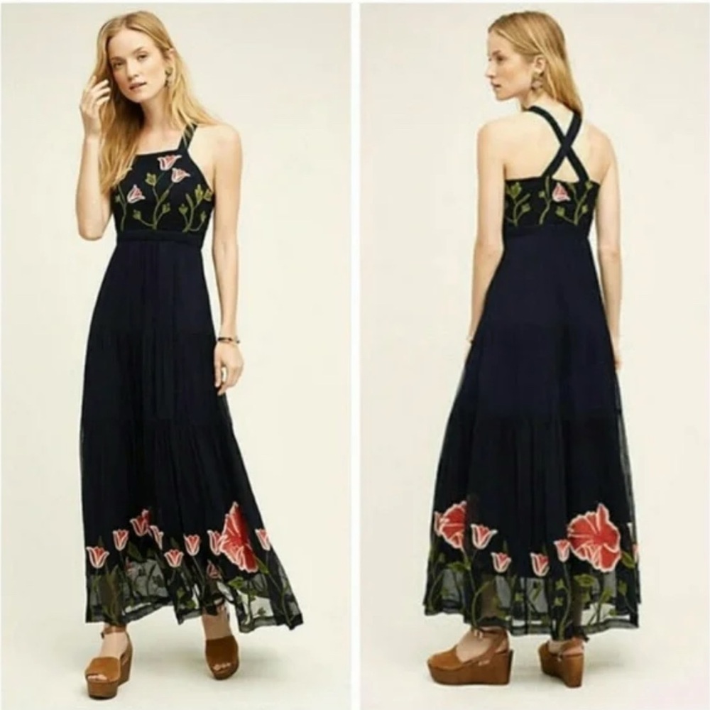 Anthropologie Floreat Maxi‎ Dress Tulipan Embroidered Floral Size 4